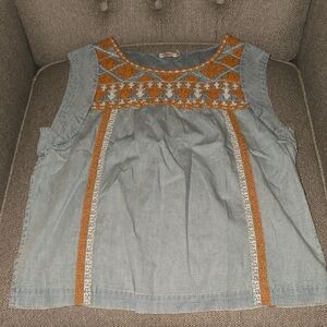 Faherty Boho Chambray Cross Stitch Sleeveless Blouse